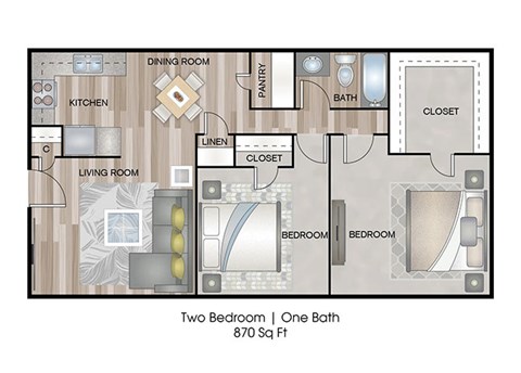 Floor plan for 2 beds, 1 bath, 870 sqft